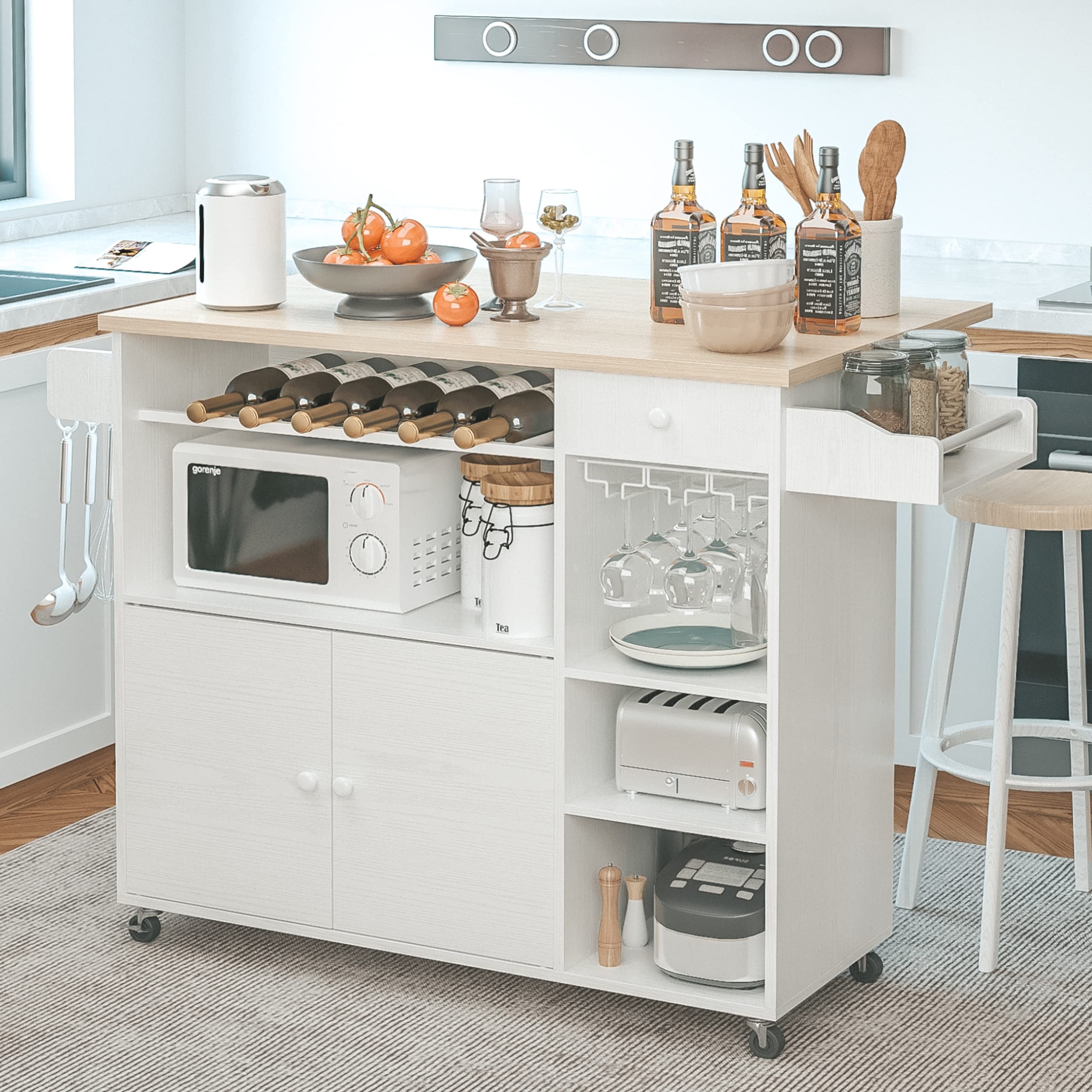 Kitchen Island Cart with Drop-Leaf and Wine Rack