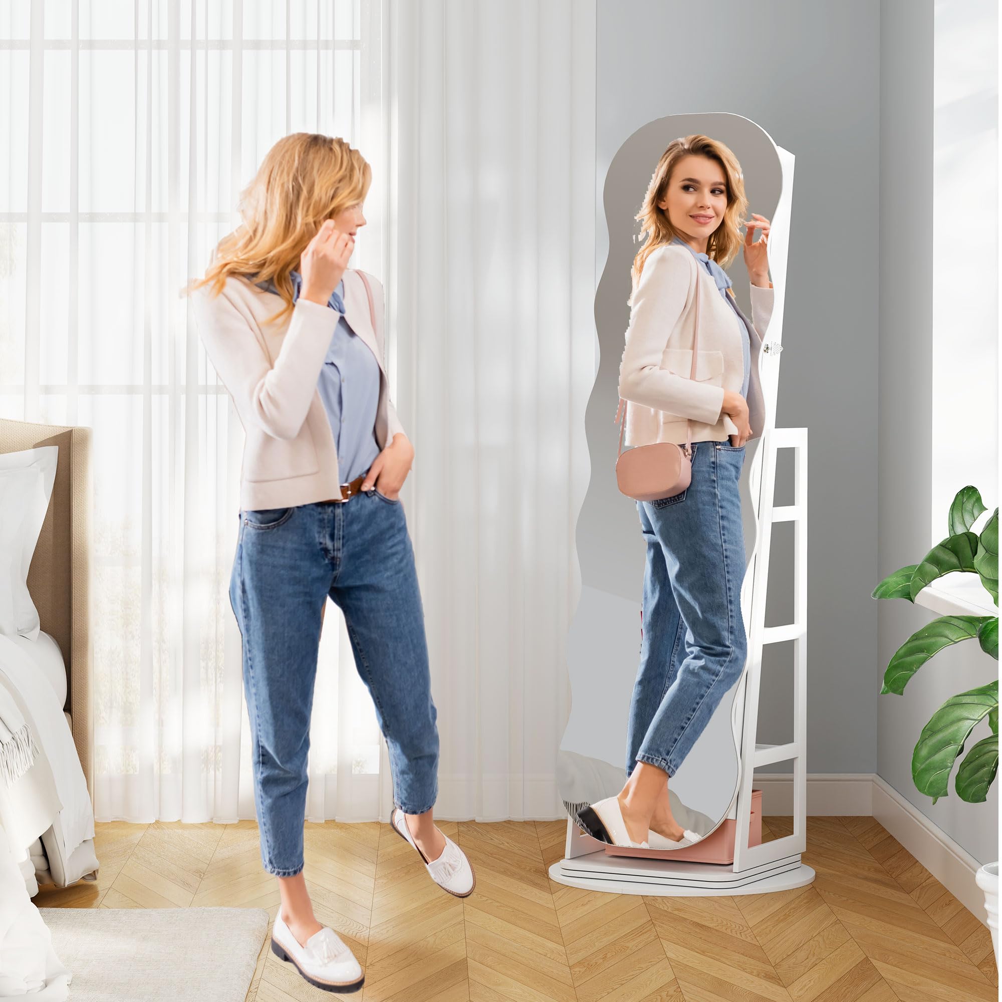 360° Swivel Jewelry Cabinet with LED Lights and Full Length Mirror