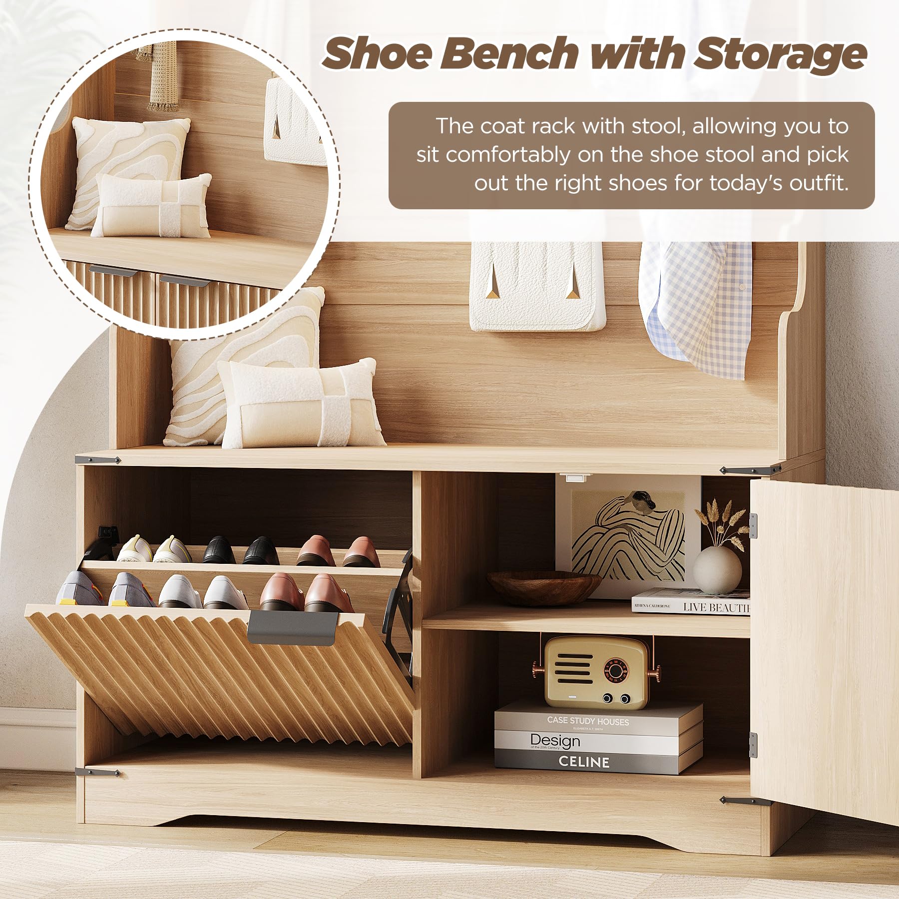 67" Hall Tree with Bench and Shoe Storage