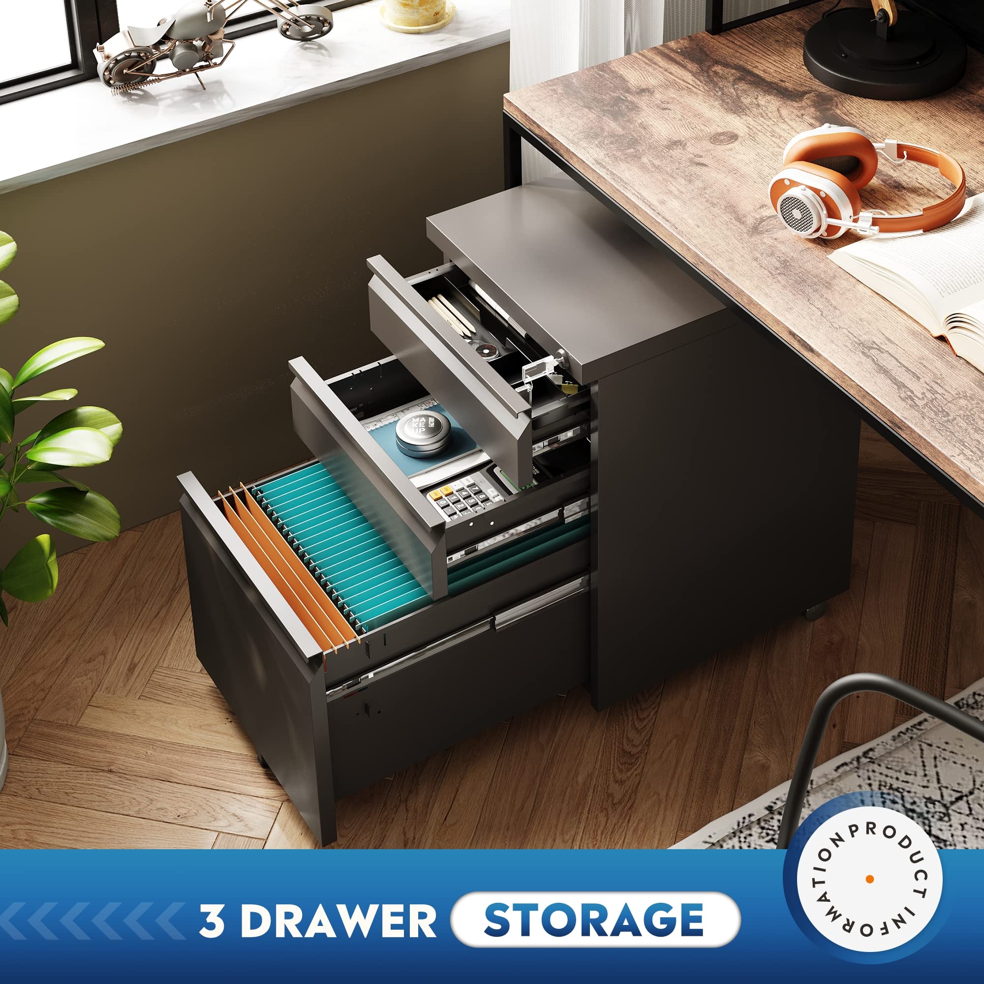 3 Drawer Mobile File Cabinet with Lock