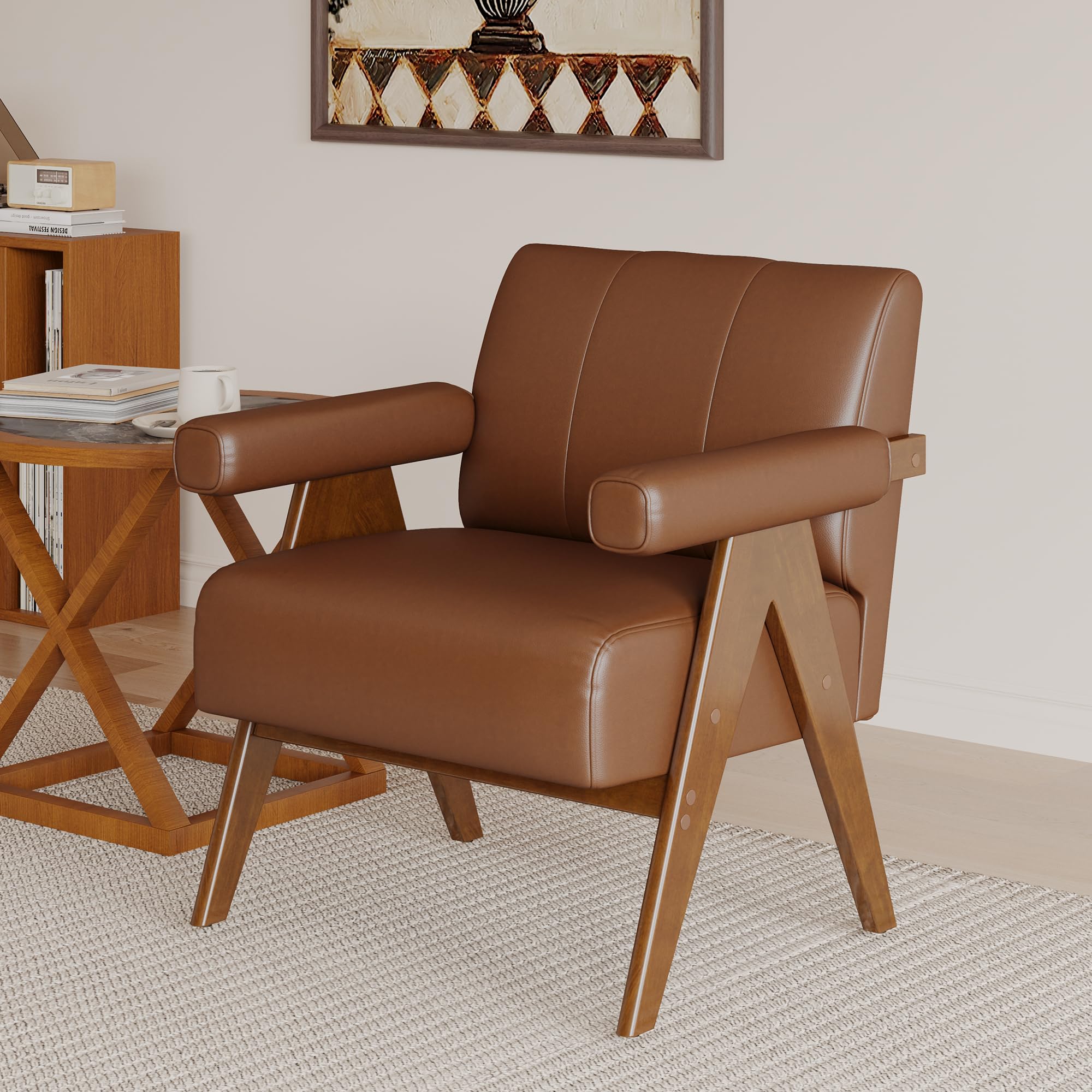 JIASTING Mid Century Modern Accent Chair, Brown Leather Office Reading Accent Chairs, Small Comfy Side Arm Chairs for Living Room Bedroom, Wood Arms (2, Brown)