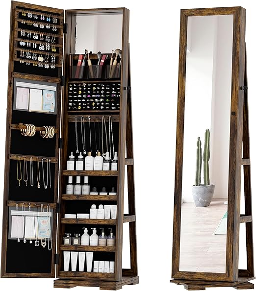 360° Rotating Full Length Mirror Jewelry Armoire with Storage