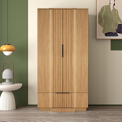 67" Freestanding Wardrobe Closet with Drawer and Hanging Rail