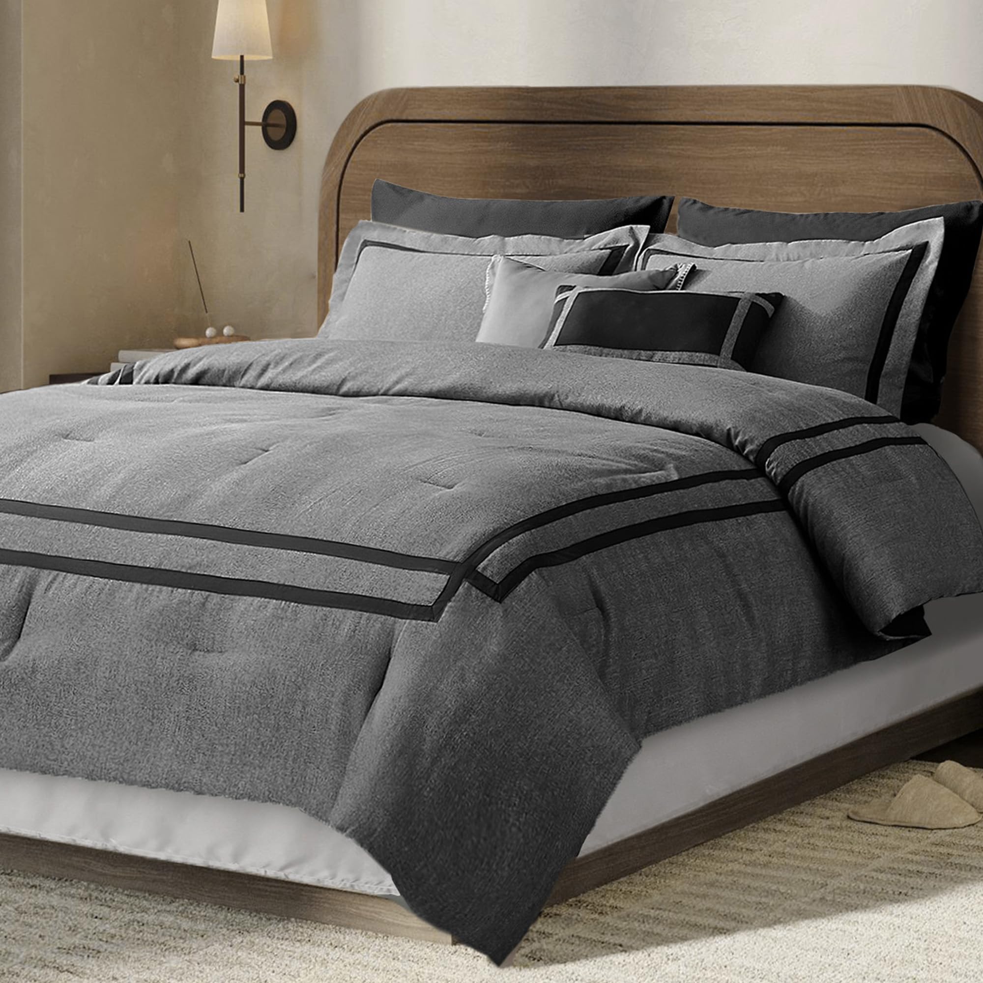 Wonderful Hotel Comforter Set Queen Size 8 Piece Bedding Set Grey Luxury Hydro-Brushed Modern Bedding Comforter Set with Sheet, Fitted Sheet, Pillow Shams, Decorative Pillow for All Season