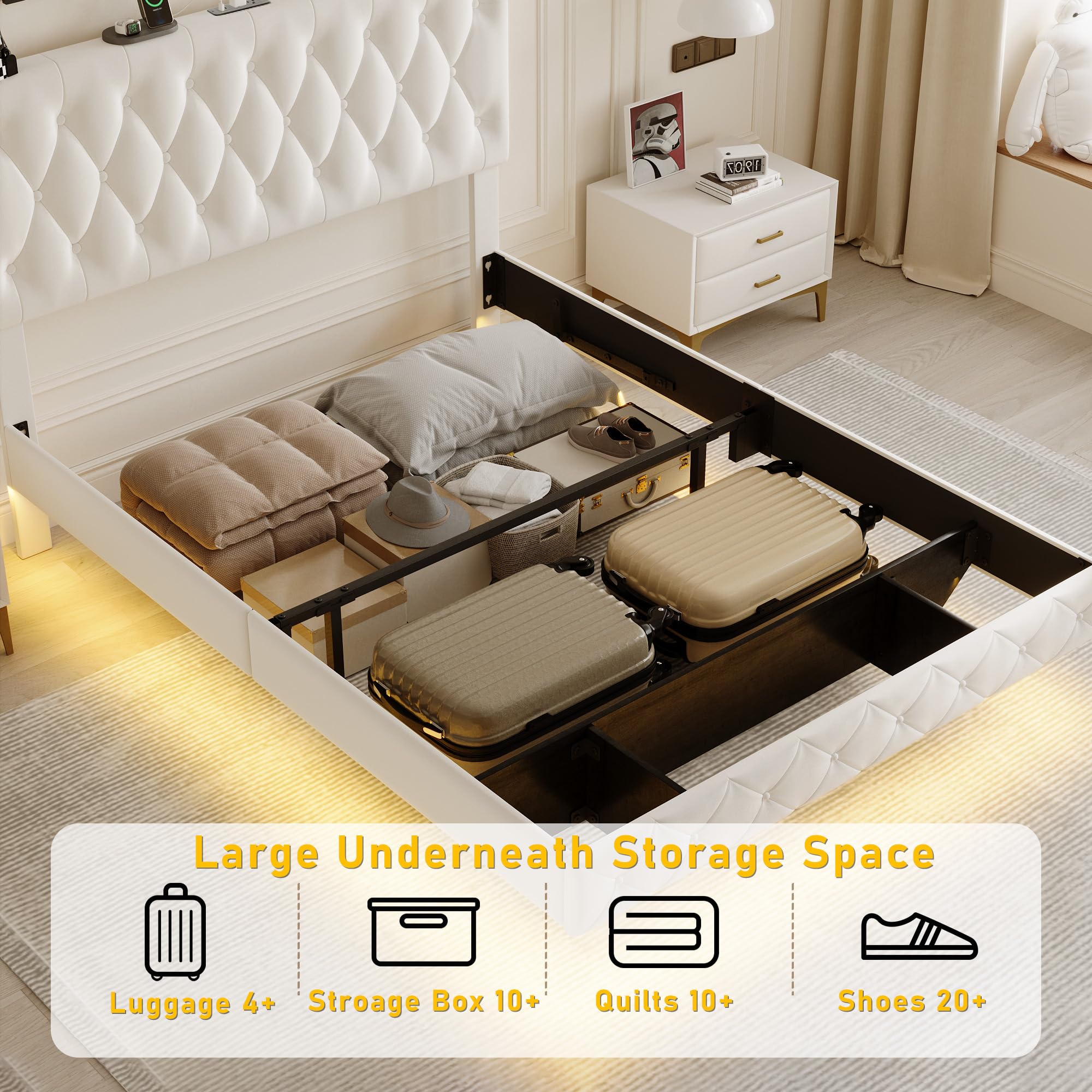 Queen Size Hydraulic Lift Storage Bed with LED Lights