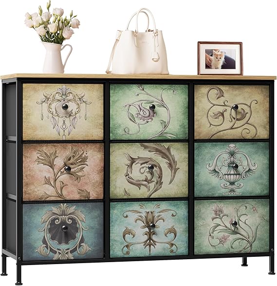 6 Drawer Fabric Dresser with Wooden Top