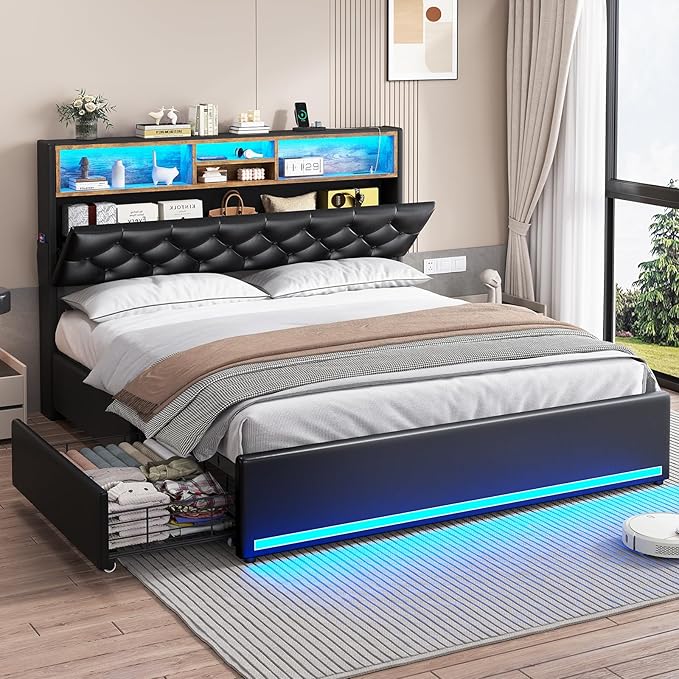 Full Size Bed Frame with LED & Storage