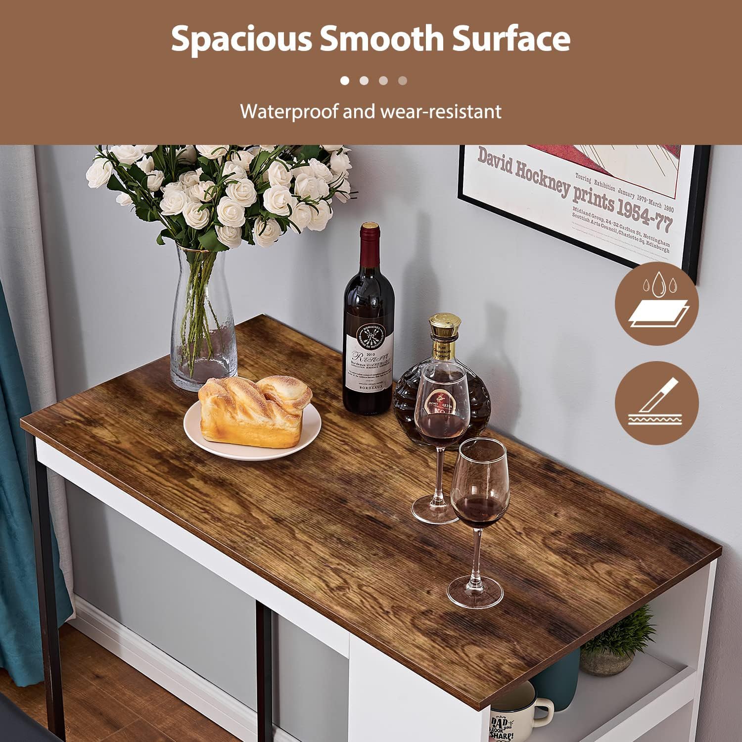 Panana 3 Piece Dining Table Set Kitchen Bar Table with Two Stool Storage Shelves Wood Counter Height Table Top with Sew Kerf Finish Dining Room Home