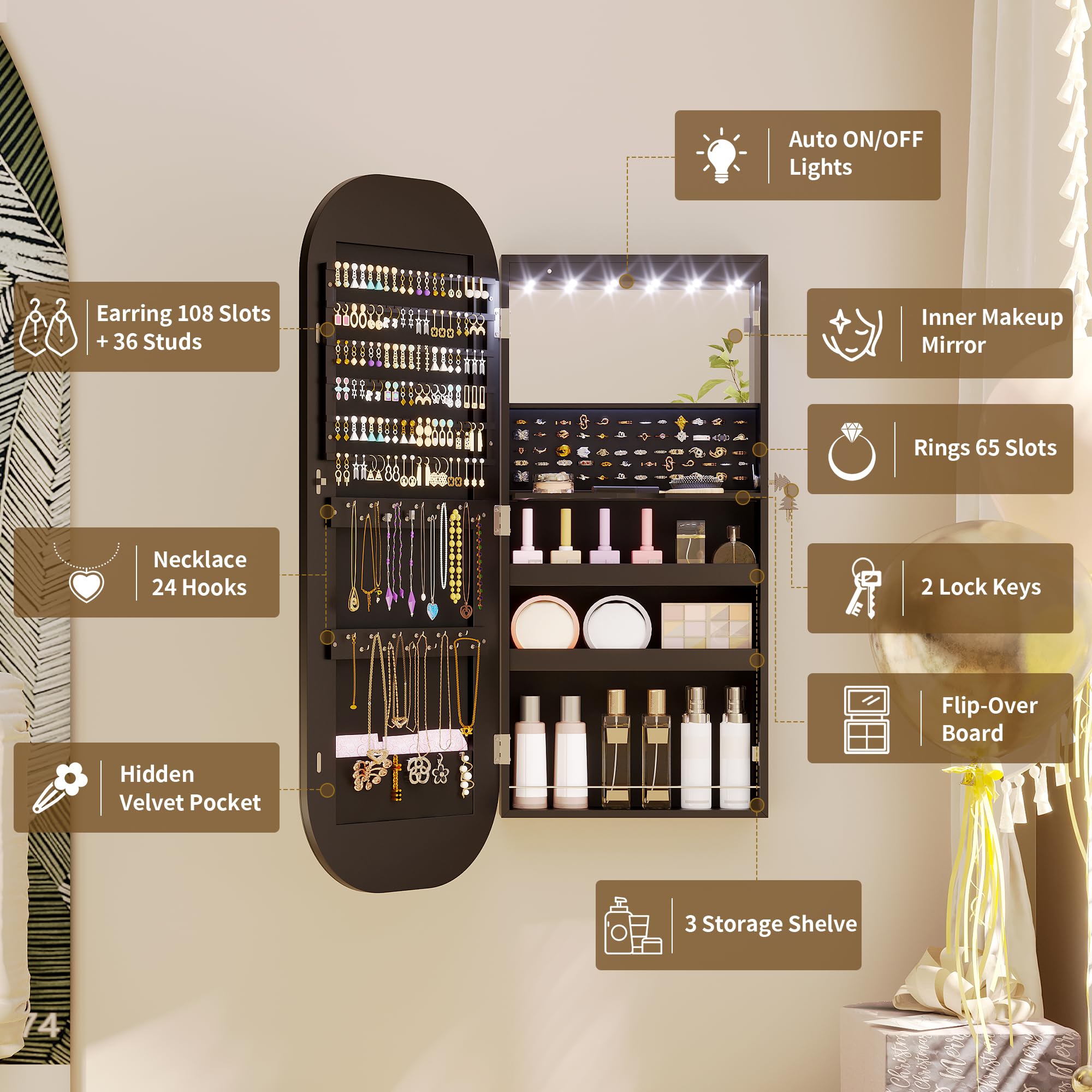 LED Mirror Jewelry Cabinet with Wall Door Mount Storage