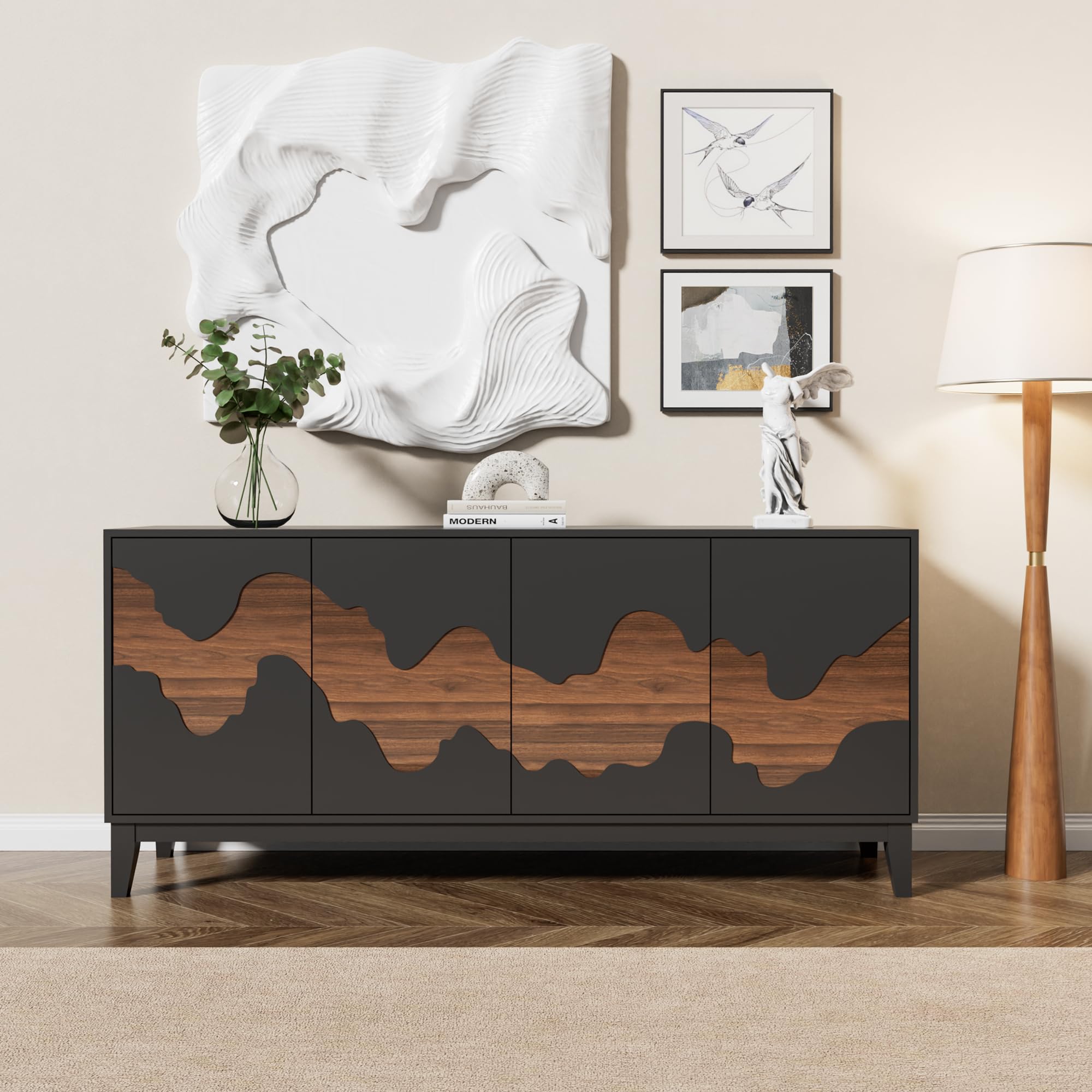 Modern 4-Door Sideboard Buffet Cabinet with Water Stream Pattern