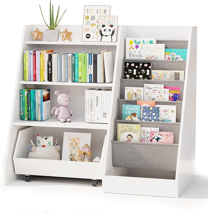 Kids Bookshelf and Toy Storage with Movable Drawer