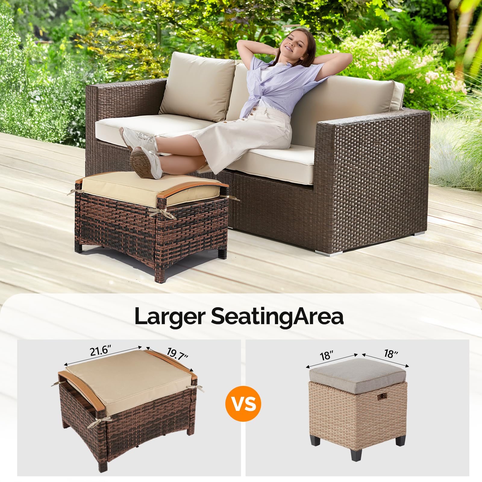 Wicker Outdoor Ottoman Set with Removable Cushions
