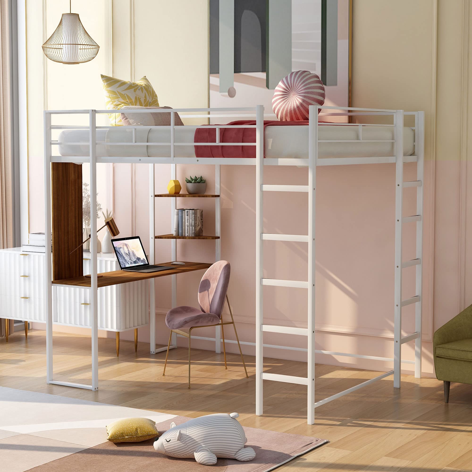 Full Loft Bed with Desk and Ladder - White Metal Frame