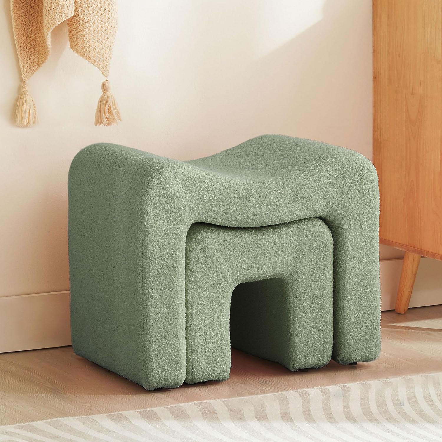 Small Footstool Ottoman Vanity Stool Set White Teddy Velvet 2-in-1