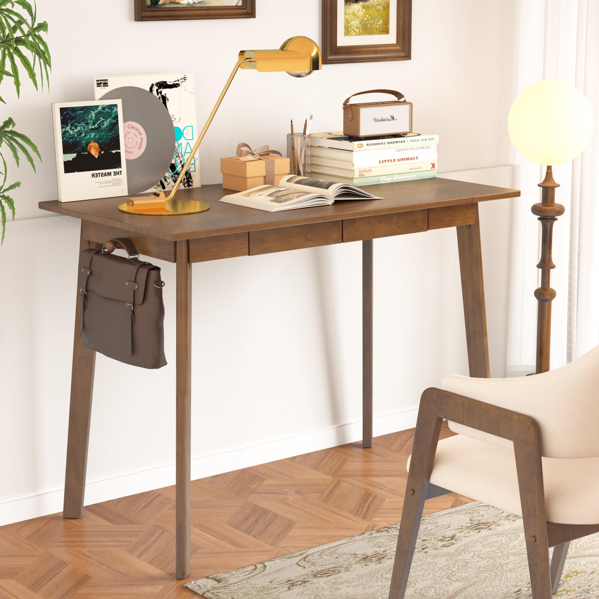 Solid Wood Desk with Drawers 40 Inch Mid Century Modern