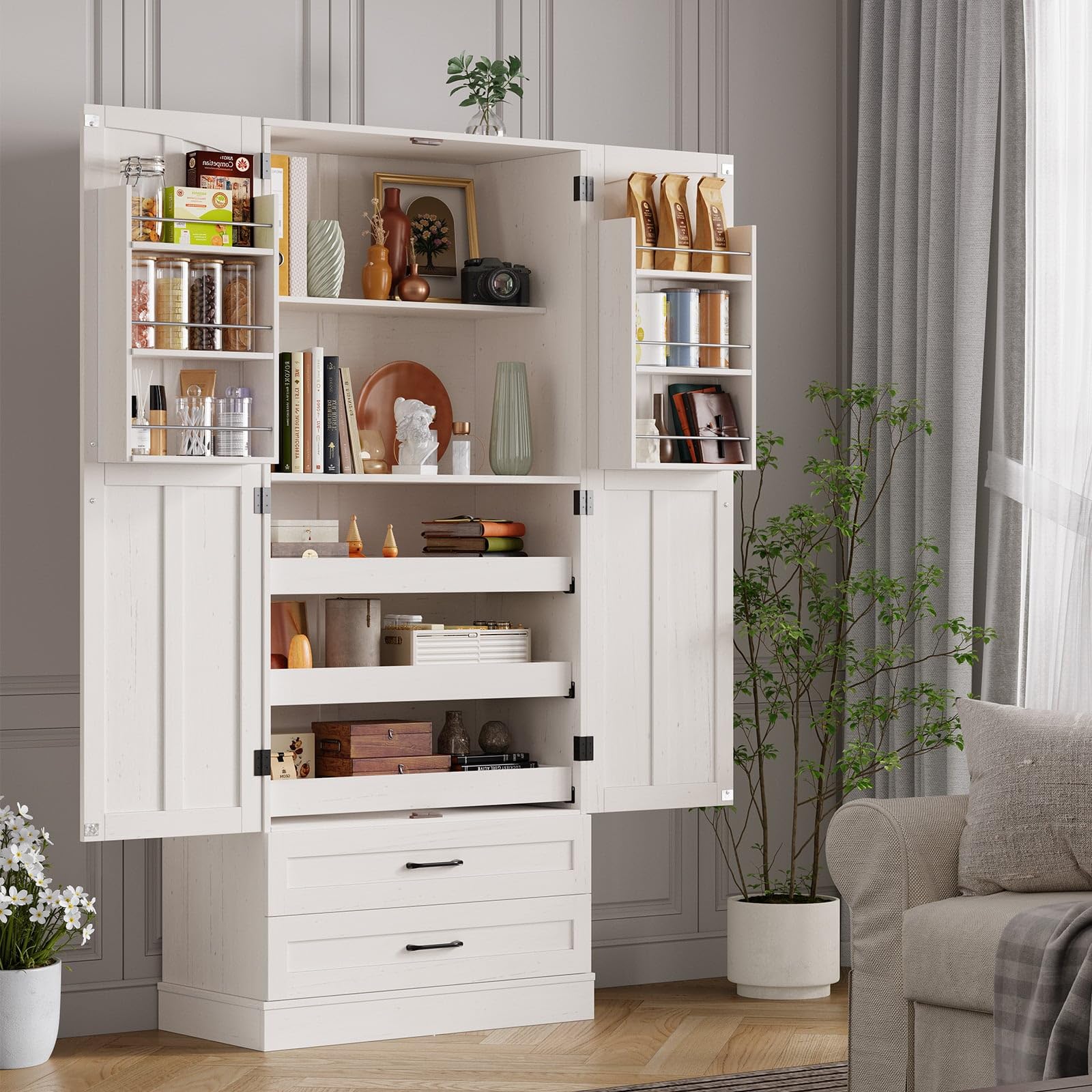 71" Tall Farmhouse Kitchen Pantry Cabinet with Pull Out Shelves