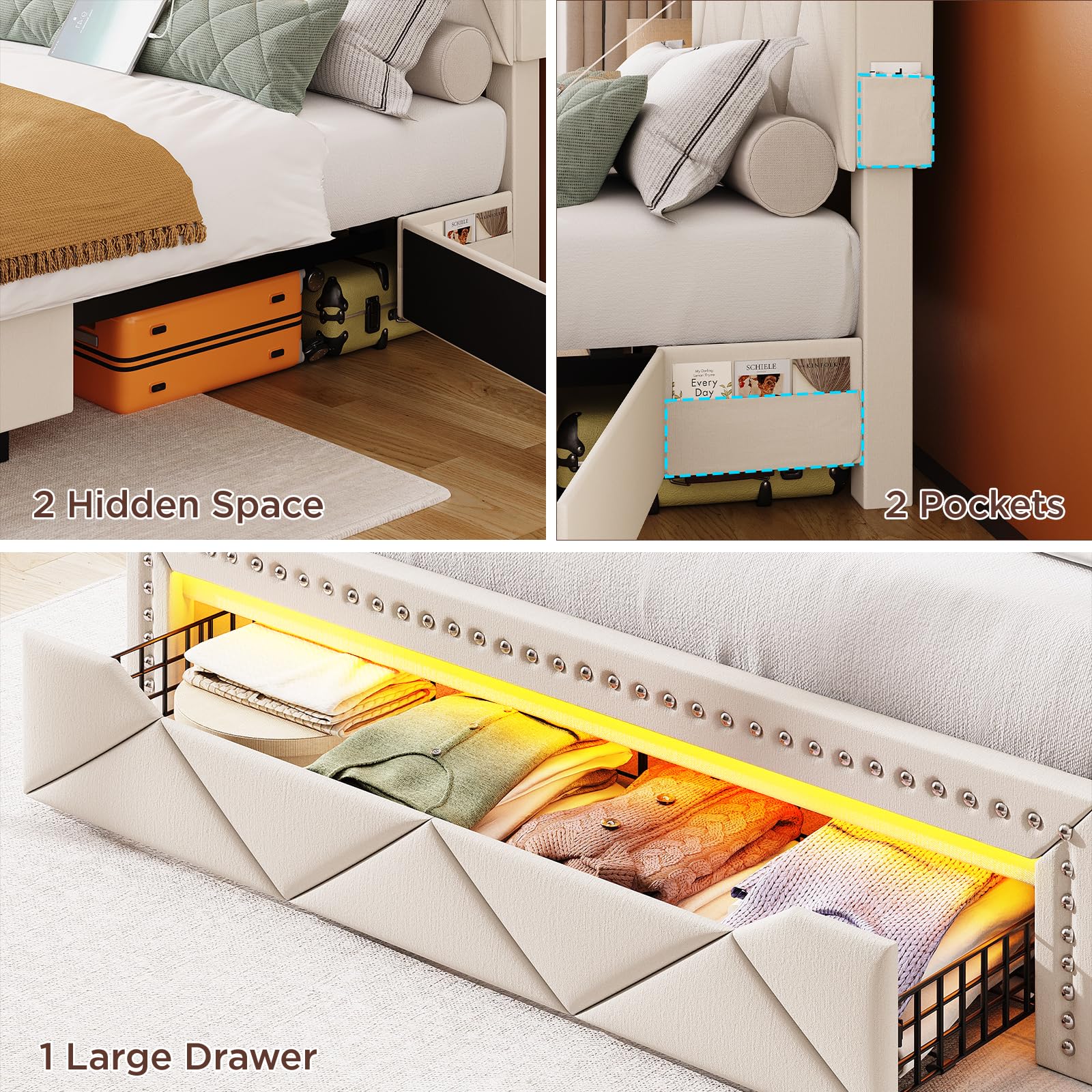 Queen Size Storage Bed with LED Lights