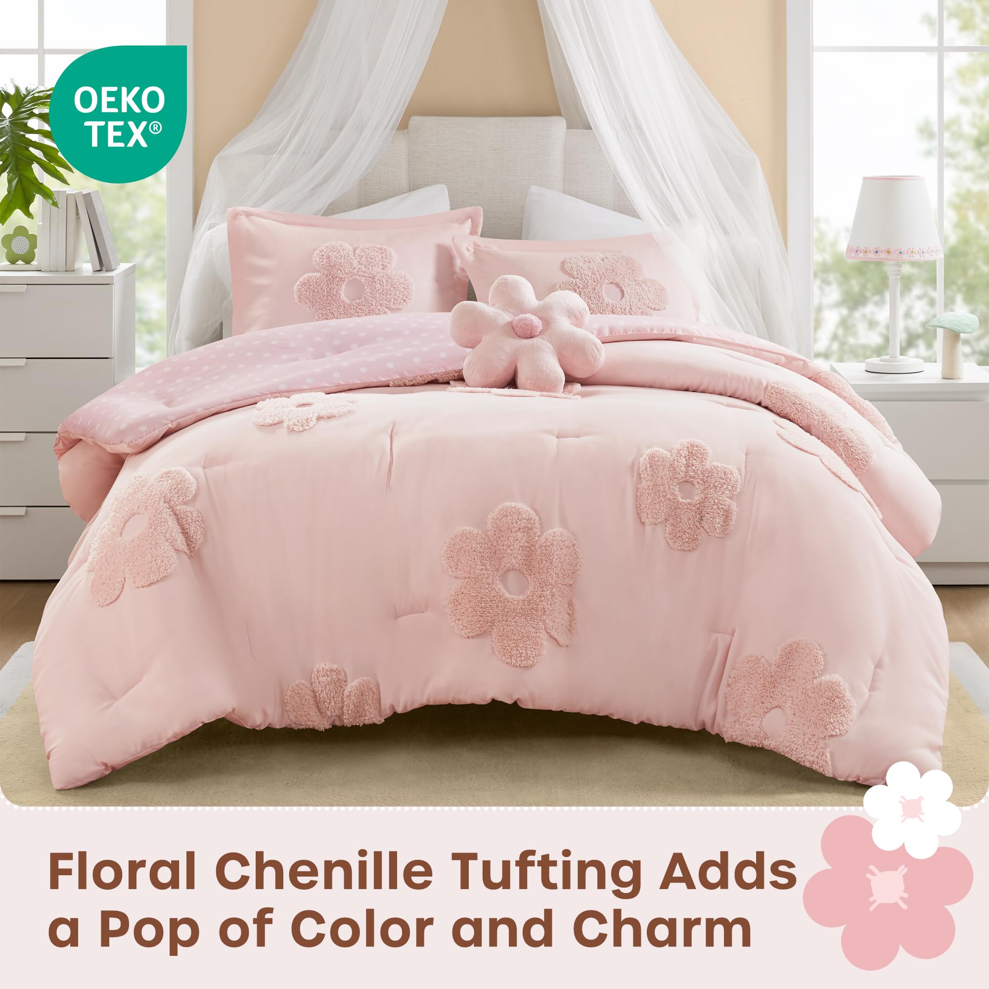 Full/Queen Pink Floral Comforter Set - 4 Piece Reversible Bedding