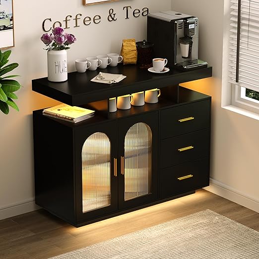 LED Coffee Bar Cabinet with Charging Station