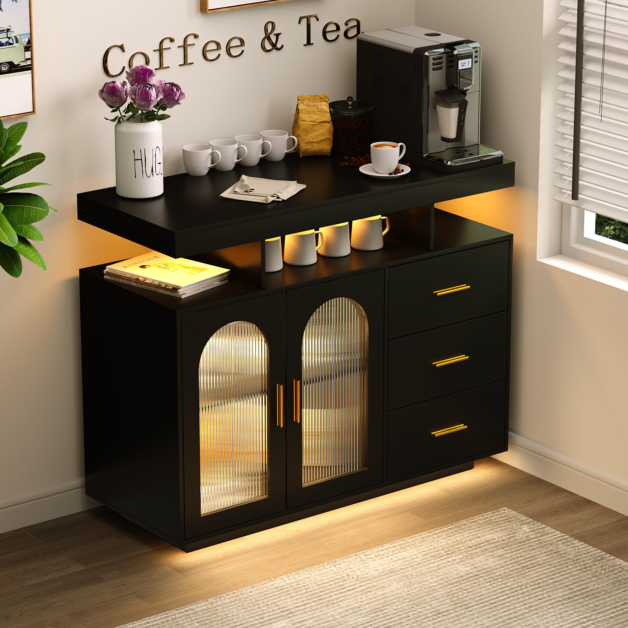 LED Coffee Bar Cabinet with Charging Station