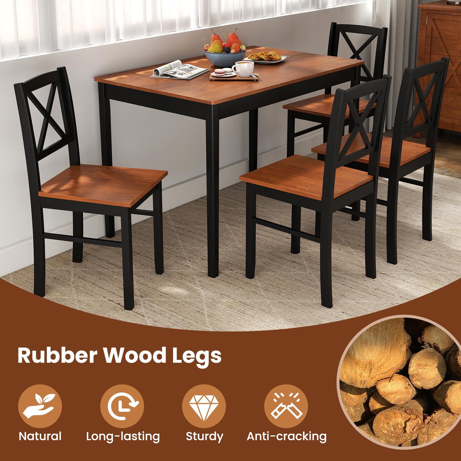 5-Piece Dining Table Set for 4 with Cross Backrest Chairs