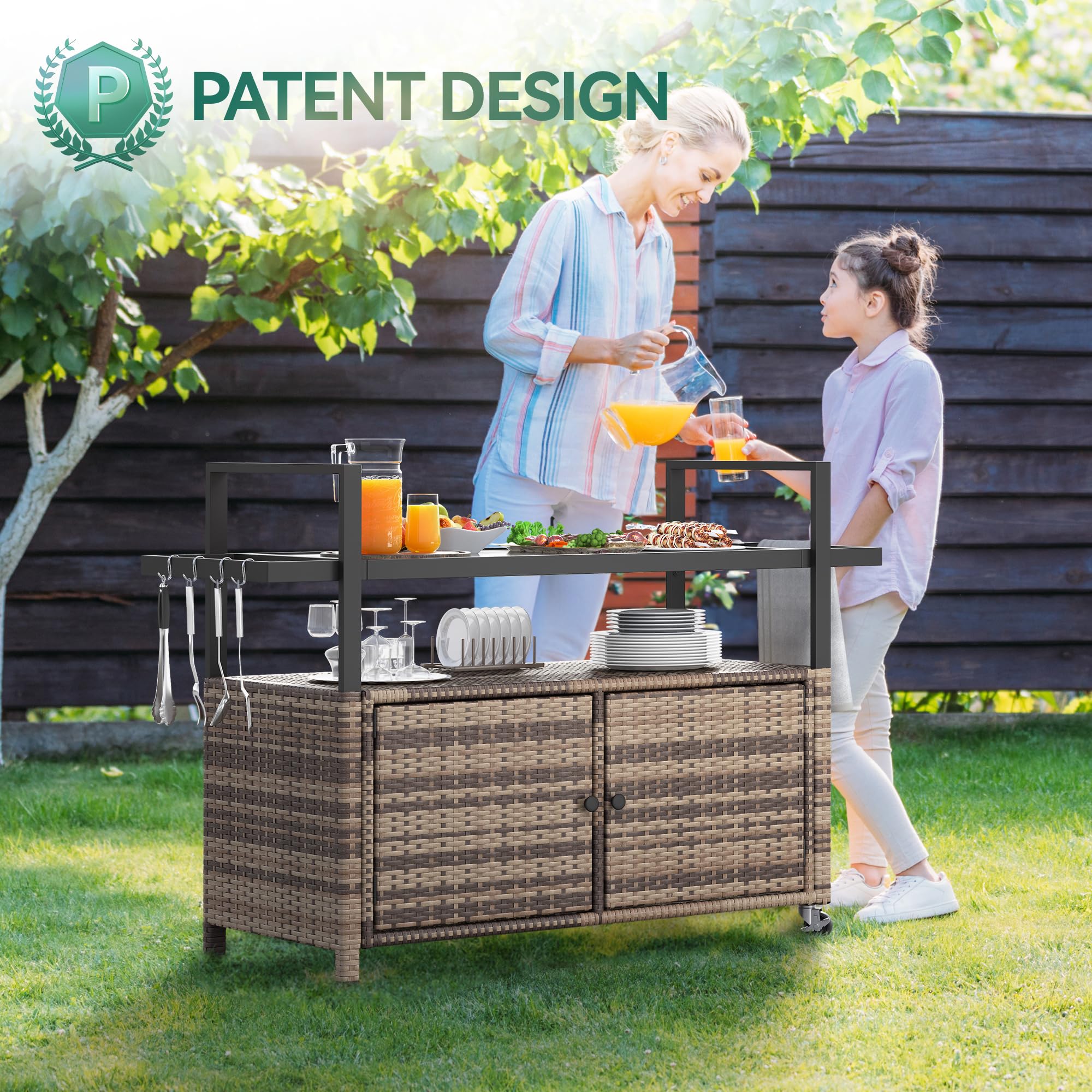 Outdoor Kitchen Wicker Island Rolling Cart with Glass Top