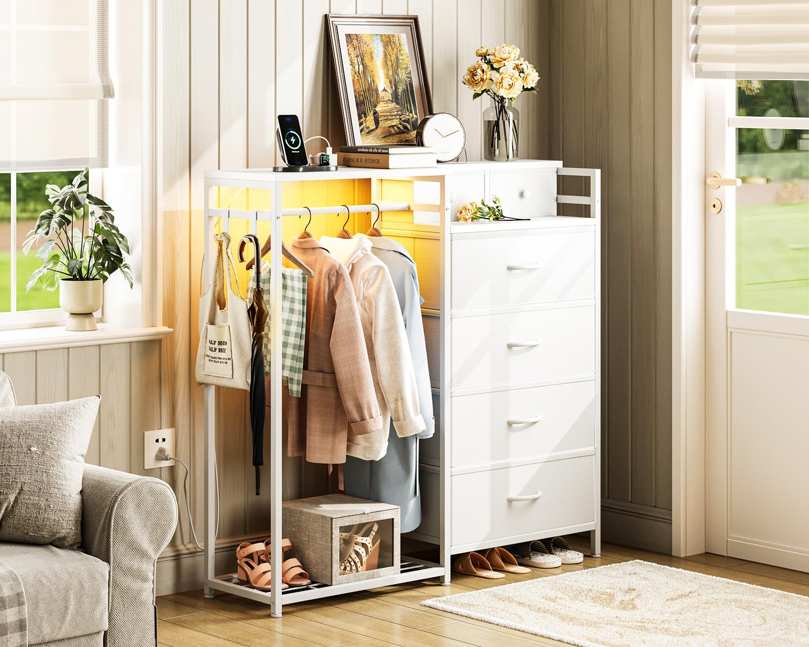 White Dresser with LED Lights and Charging Station