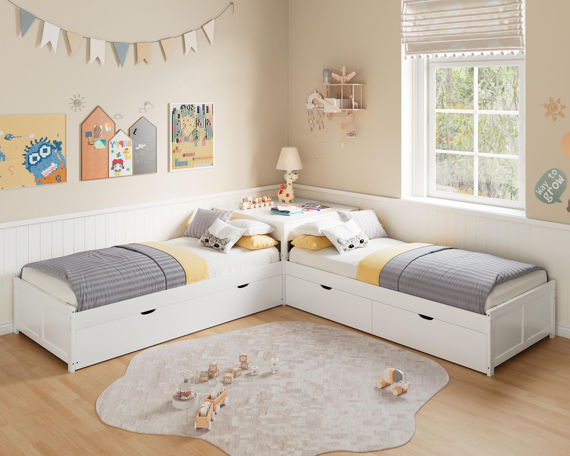 L-Shaped Twin Trundle Bed with Storage Desk