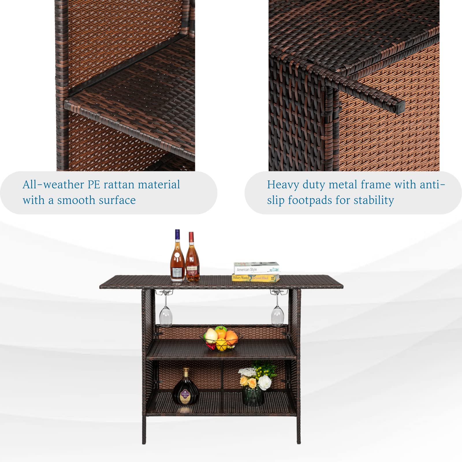 Outdoor Bar Counter Table with Storage Shelves and Wine Racks