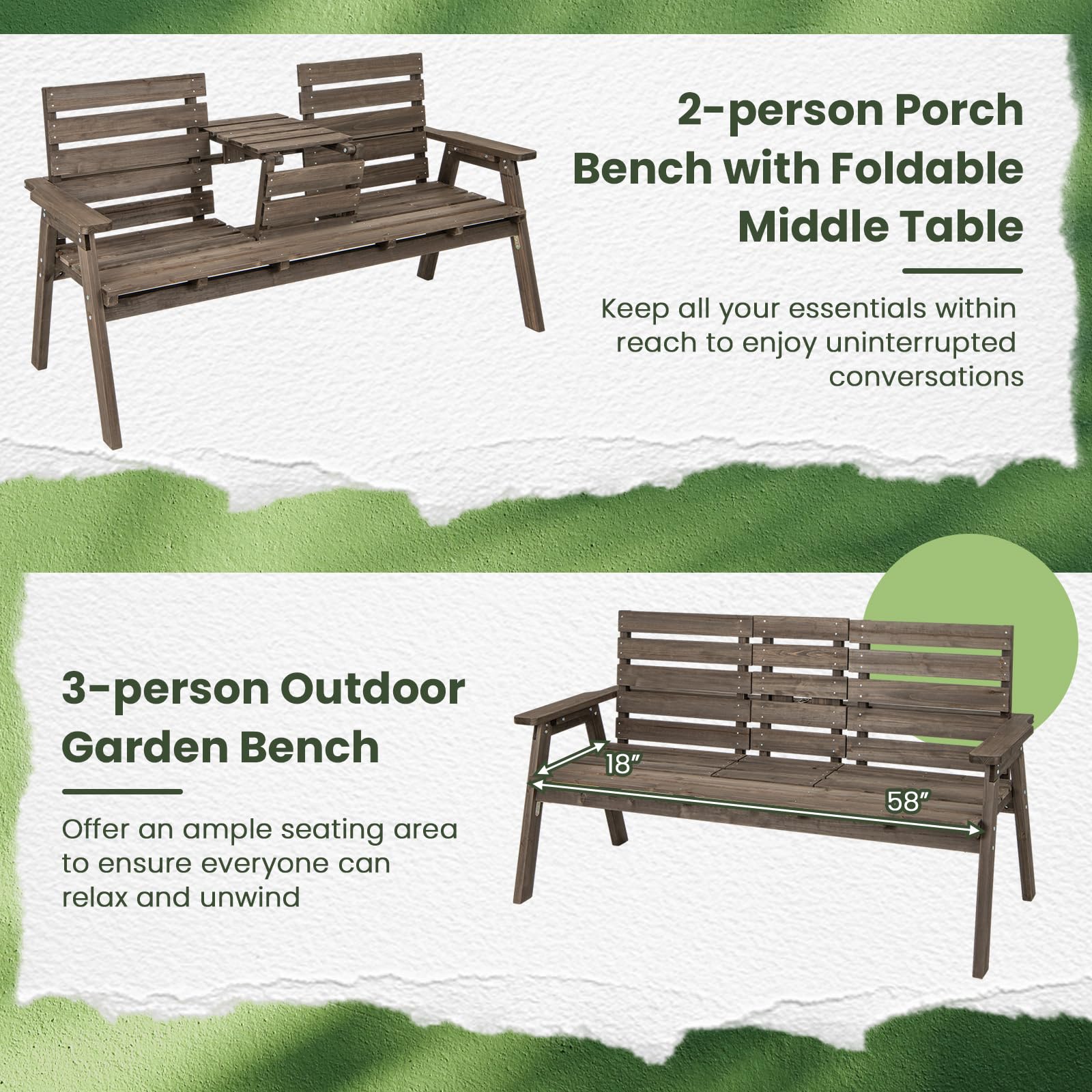 Foldable Outdoor Fir Wood Bench with Middle Table