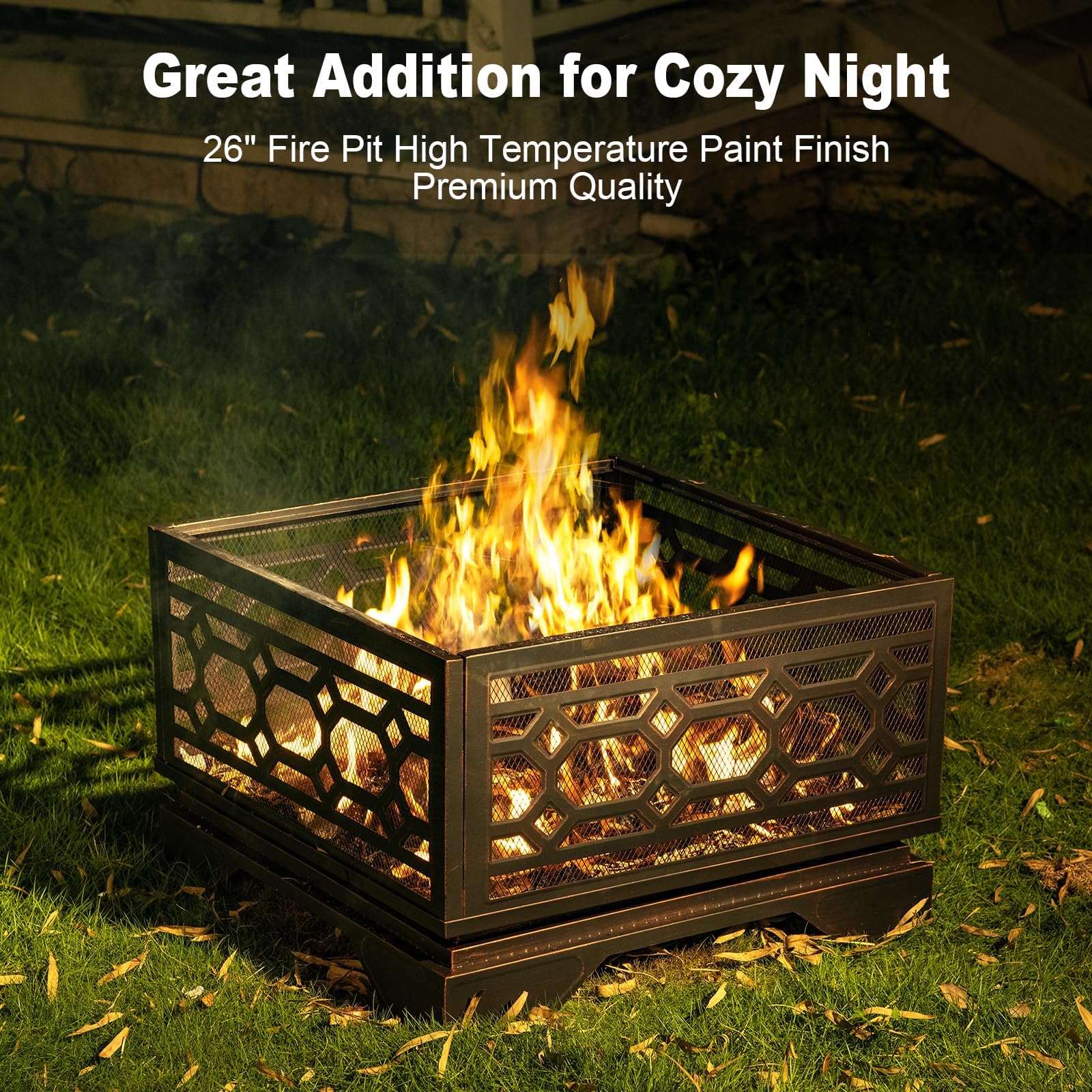 26 Inch Square Wood Burning Fire Pit with Mesh Cover