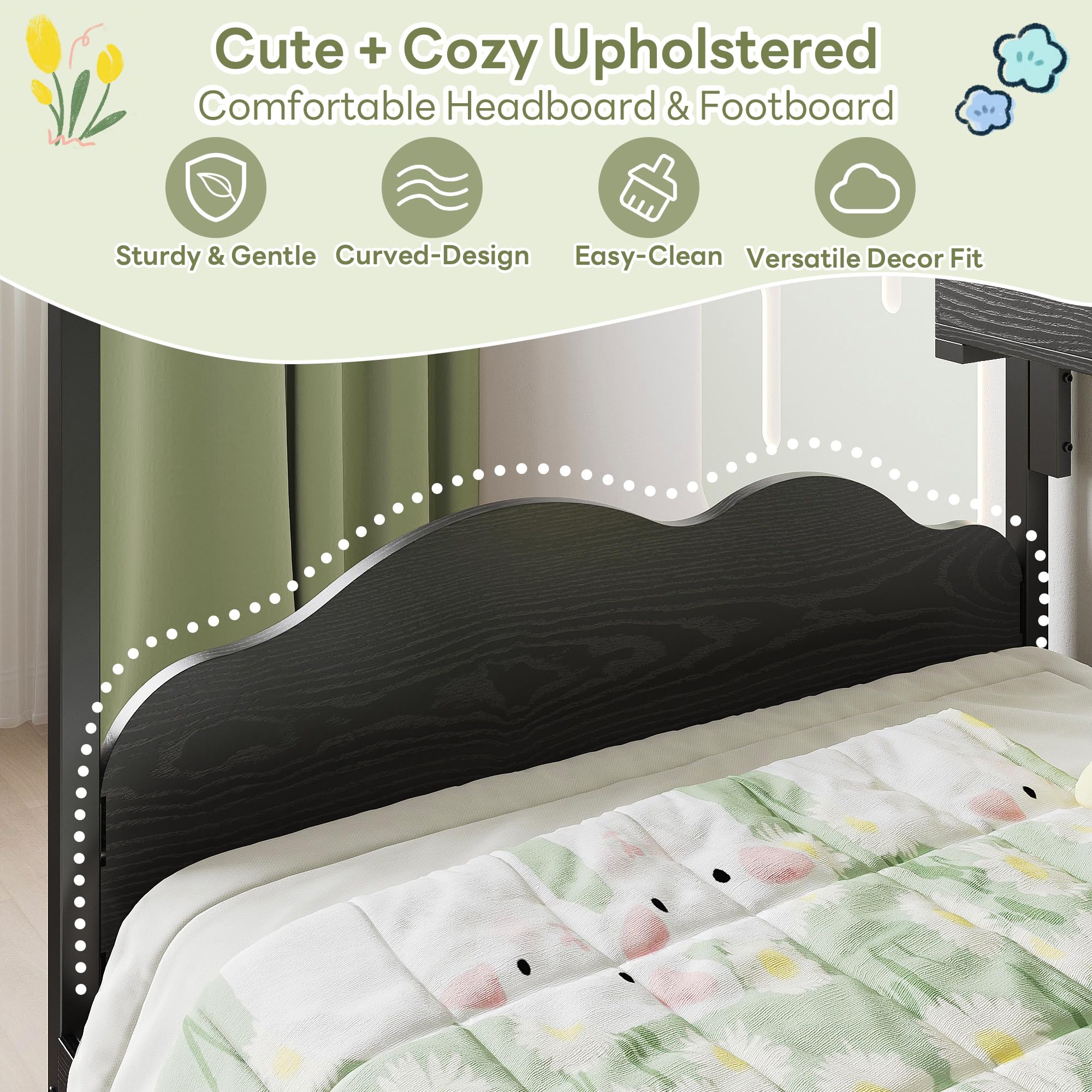 LIKIMIO Twin Bed Frame with 2 Storage Drawers, DIY House Bed with Bookshelf & Curved Headboard & Footboard, Twin Corner Bed Frames for Bedroom, No Box Spring Needed, Black