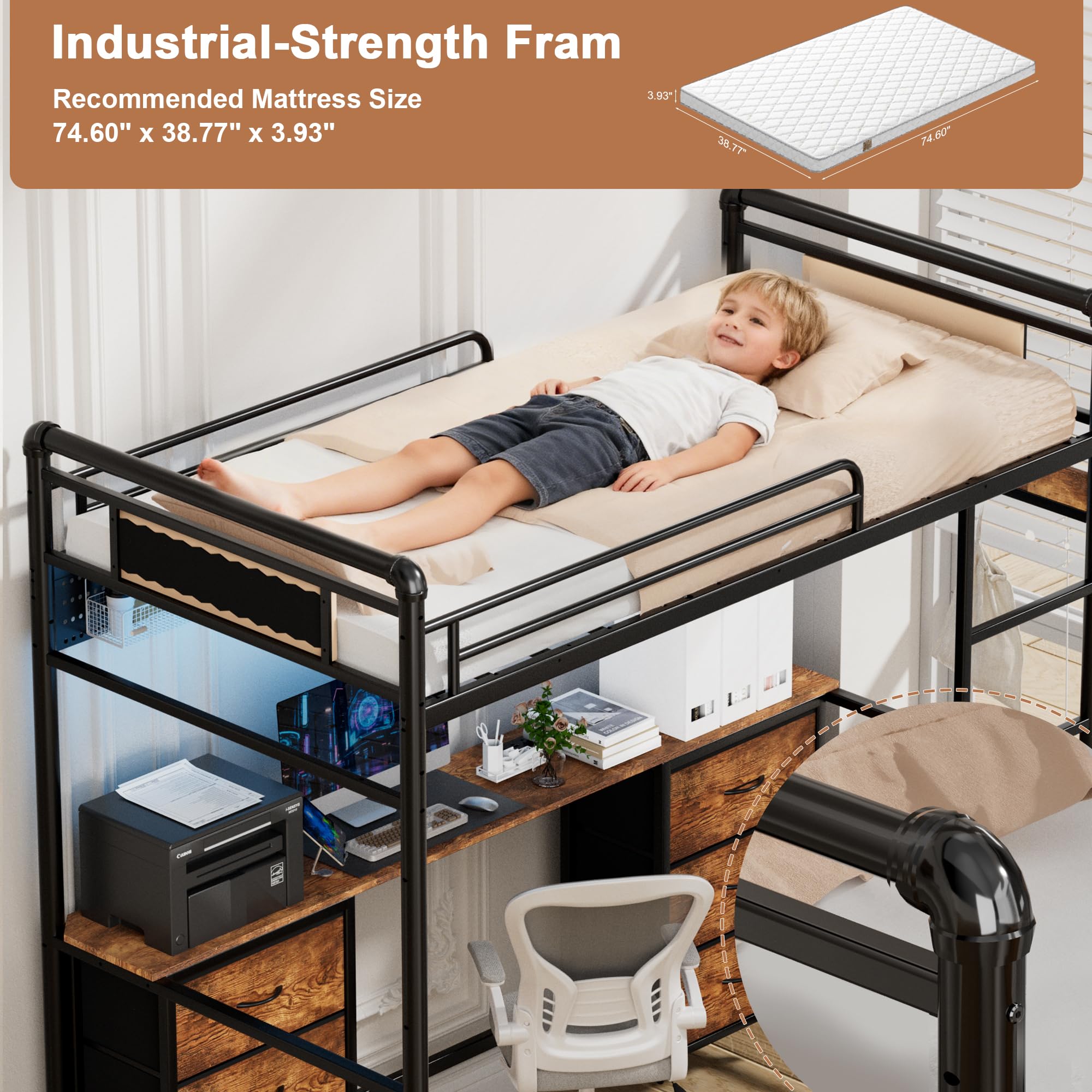 Twin Metal Loft Bed with Desk and Stairs