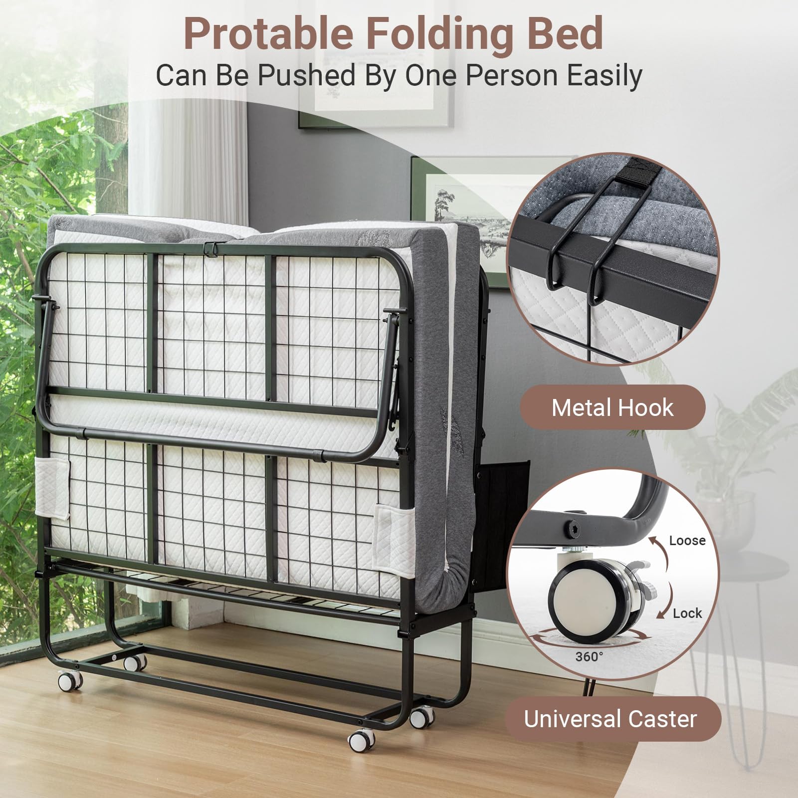 Foldable Rollaway Bed with Memory Foam 75x45