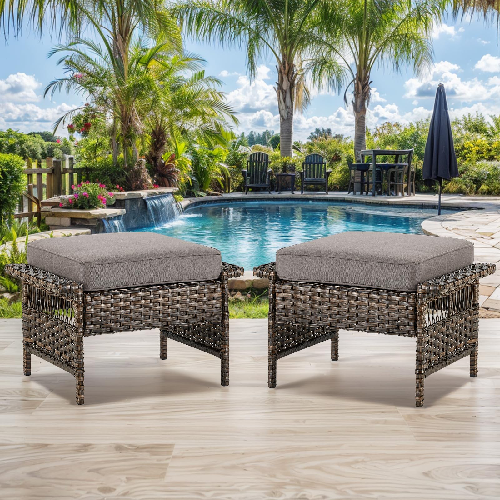 Outdoor Wicker Ottoman Set with Cushions