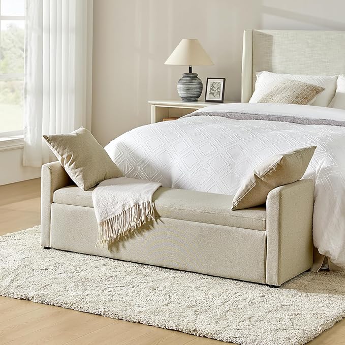 59.4" Modern Storage Bench with Throw Pillows - Beige Upholstered Ottoman