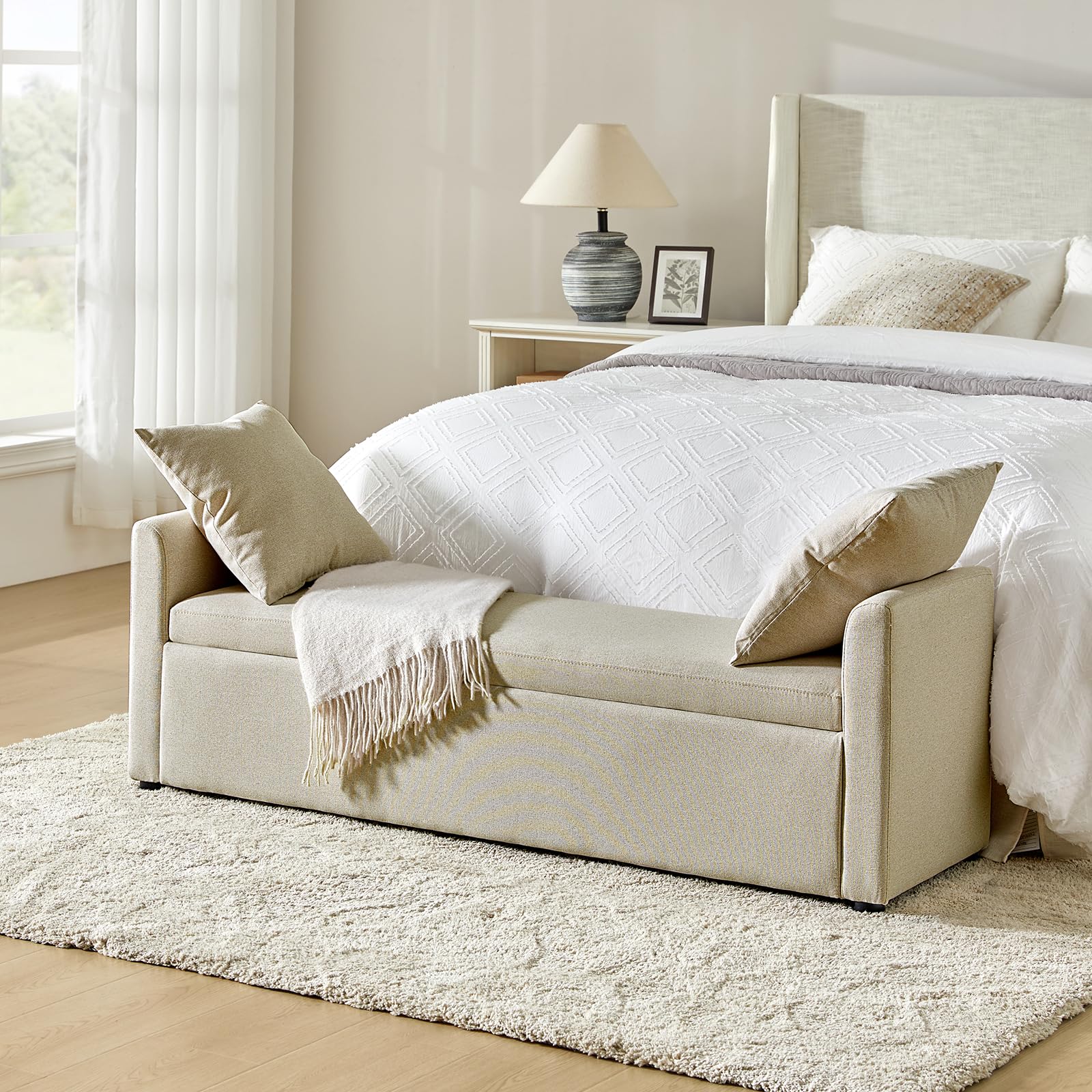 59.4" Modern Storage Bench with Throw Pillows - Beige Upholstered Ottoman
