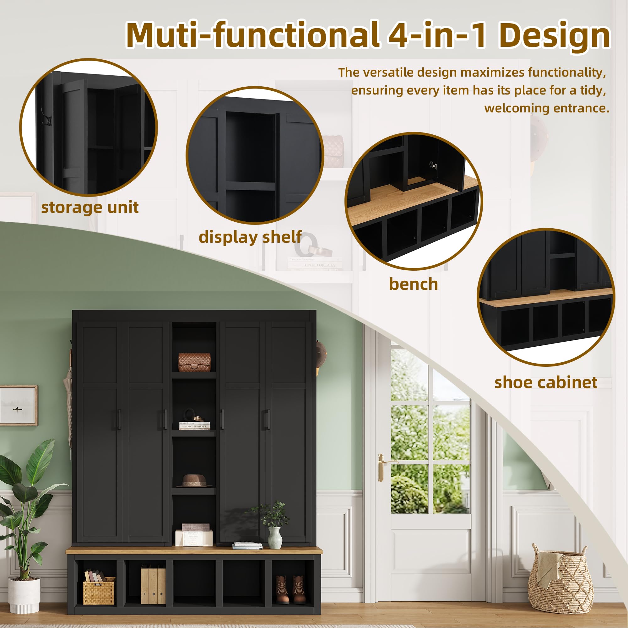 4-in-1 Entryway Hall Tree with Bench and Storage