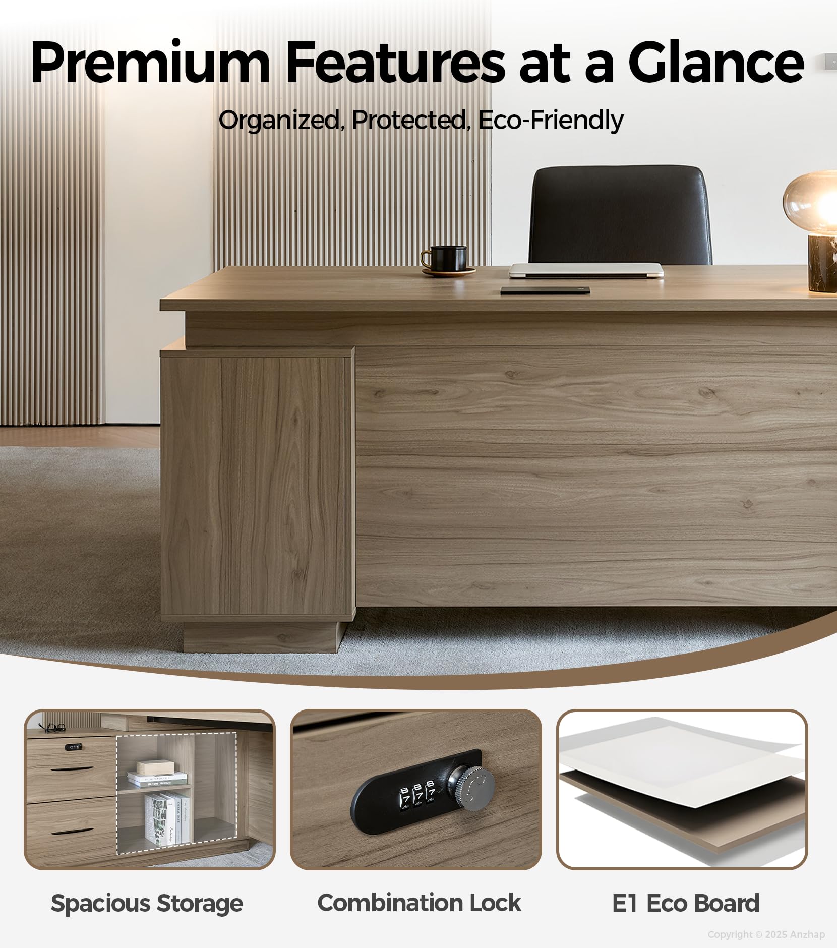 63-Inch Reversible L-Shaped Executive Desk with Lateral File Cabinet