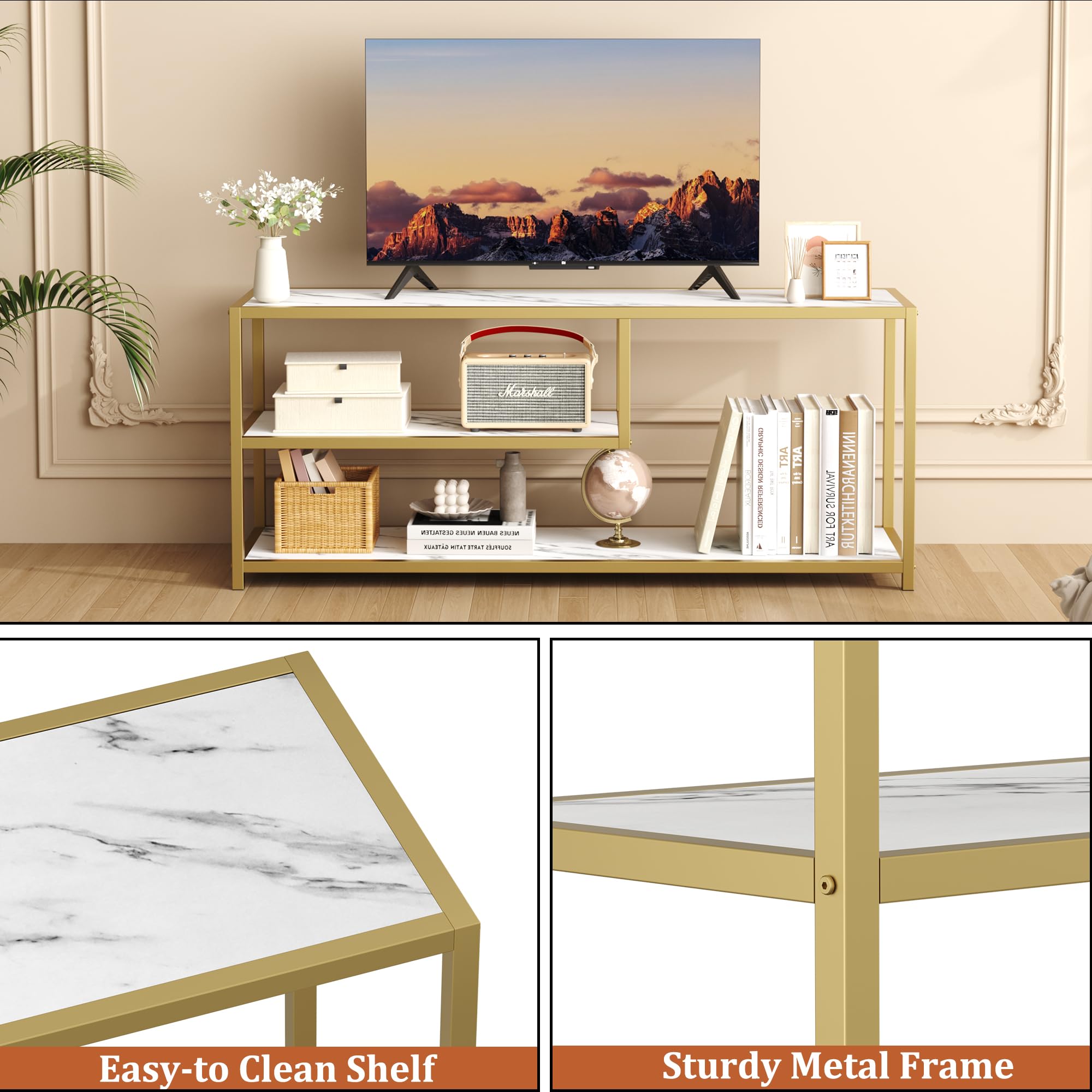 47" TV Stand Faux Marble Top Gold Metal Legs