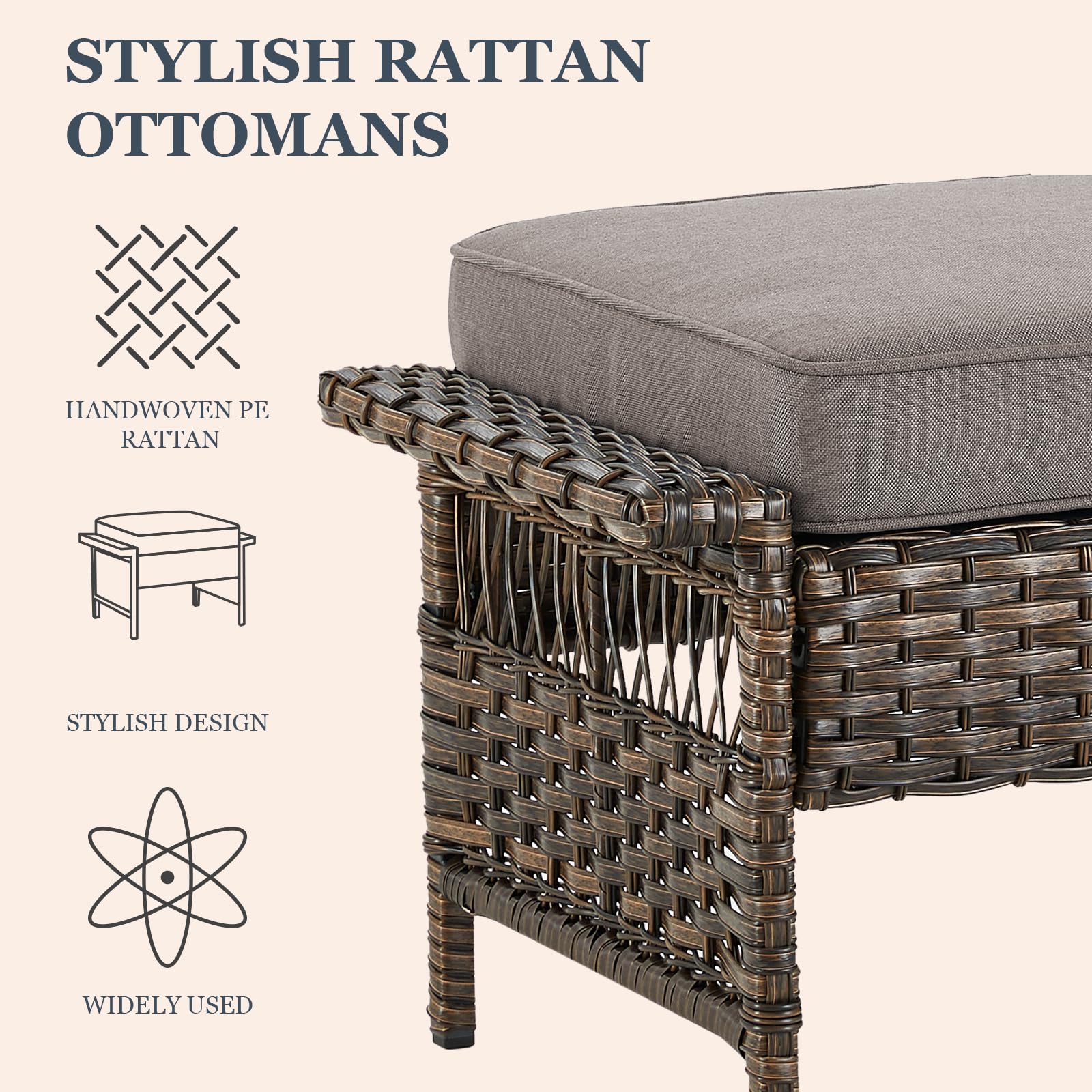 Outdoor Wicker Ottoman Set with Cushions