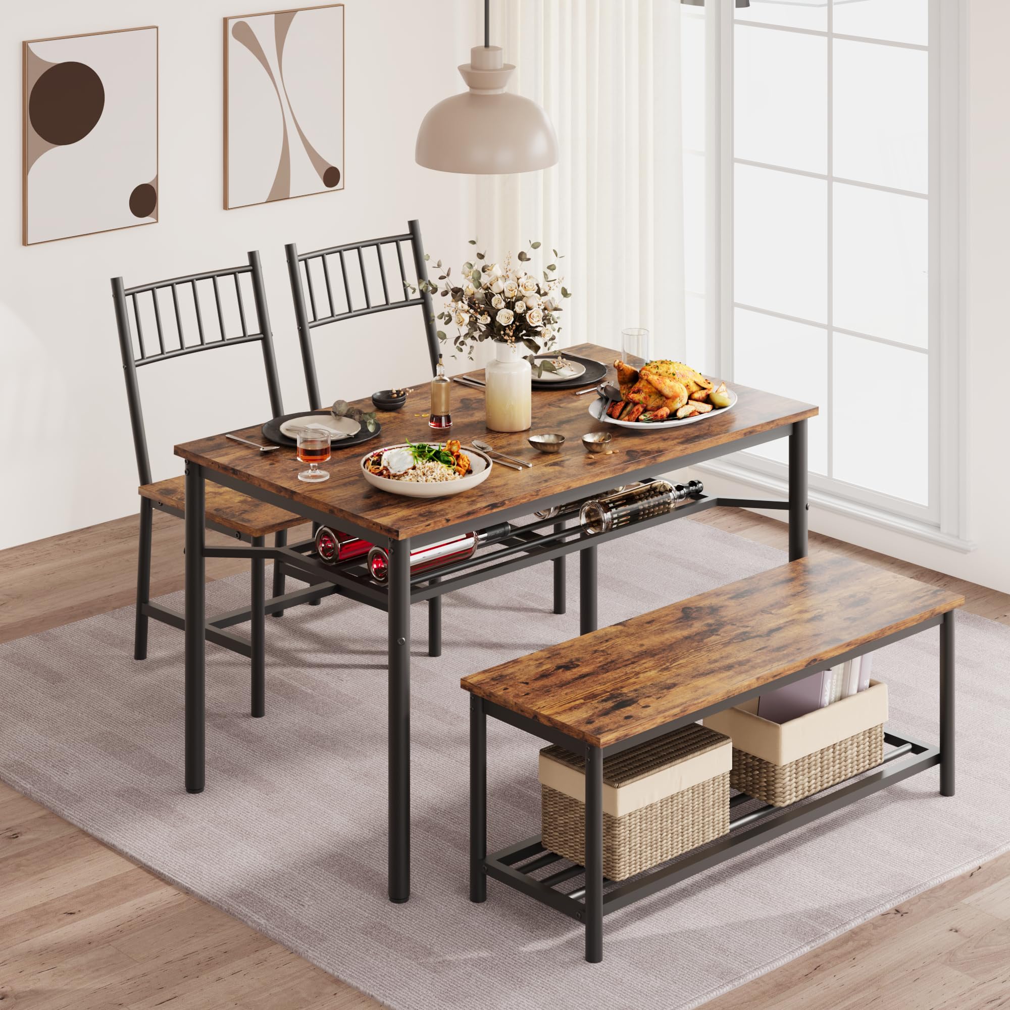 4-Piece Dining Table Set with Bench and Chairs