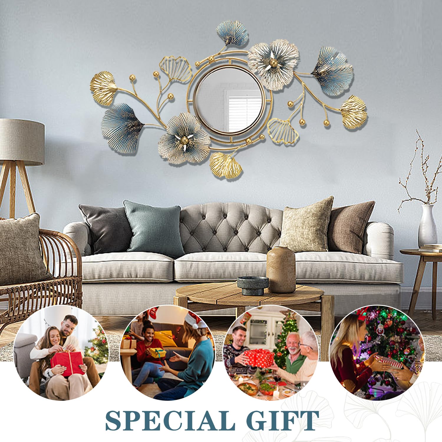 Ginkgo Leaf Wall Mirror Gold Metal 3D Decorative