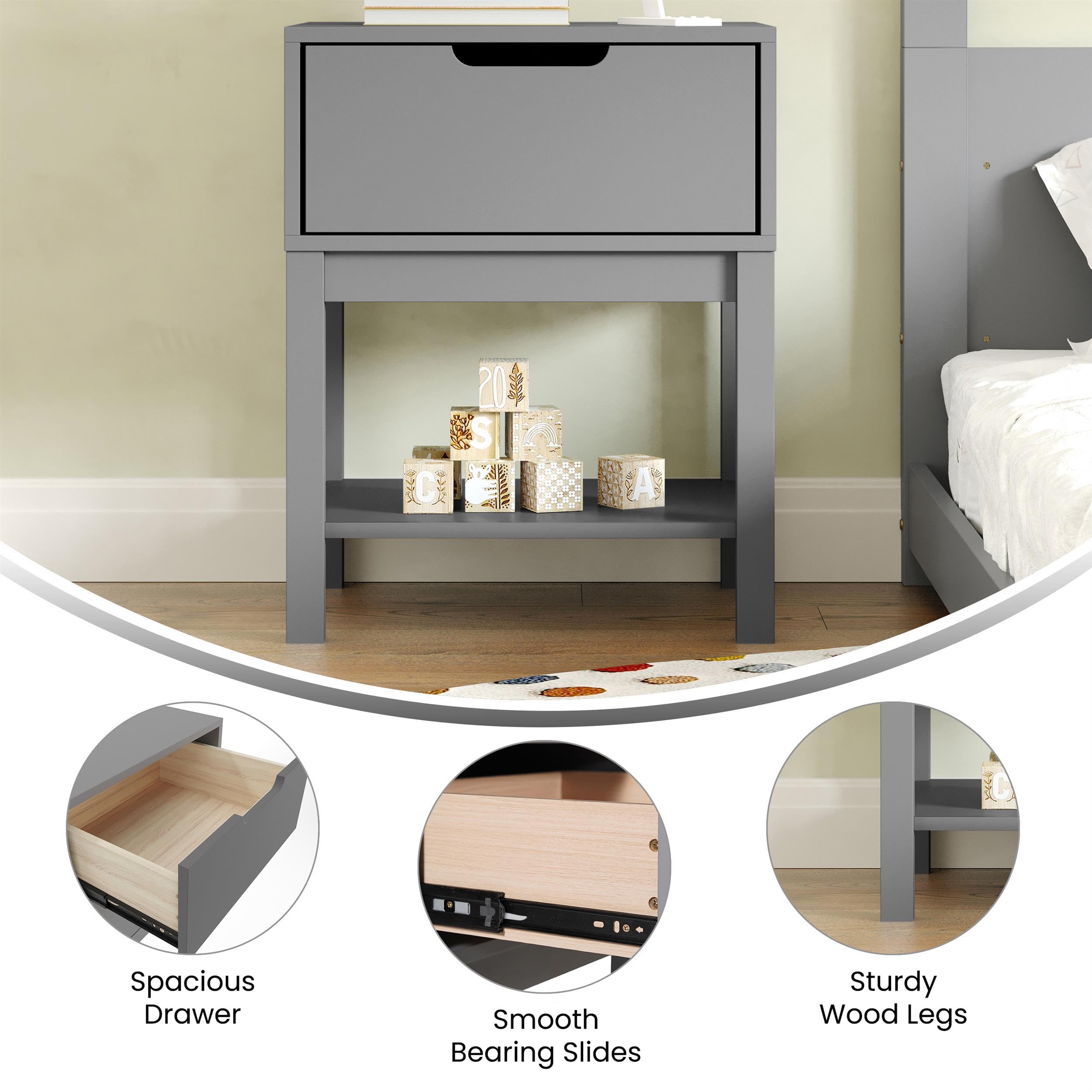 Kids Wood Nightstand with Storage Drawer