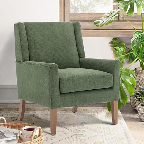 Mid-Century Modern Wingback Accent Chair Set of 2 - Green Chenille Upholstered