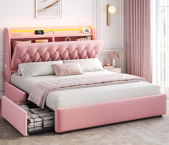 Twin LED Velvet Bed Frame with Storage Drawers and Charging Station