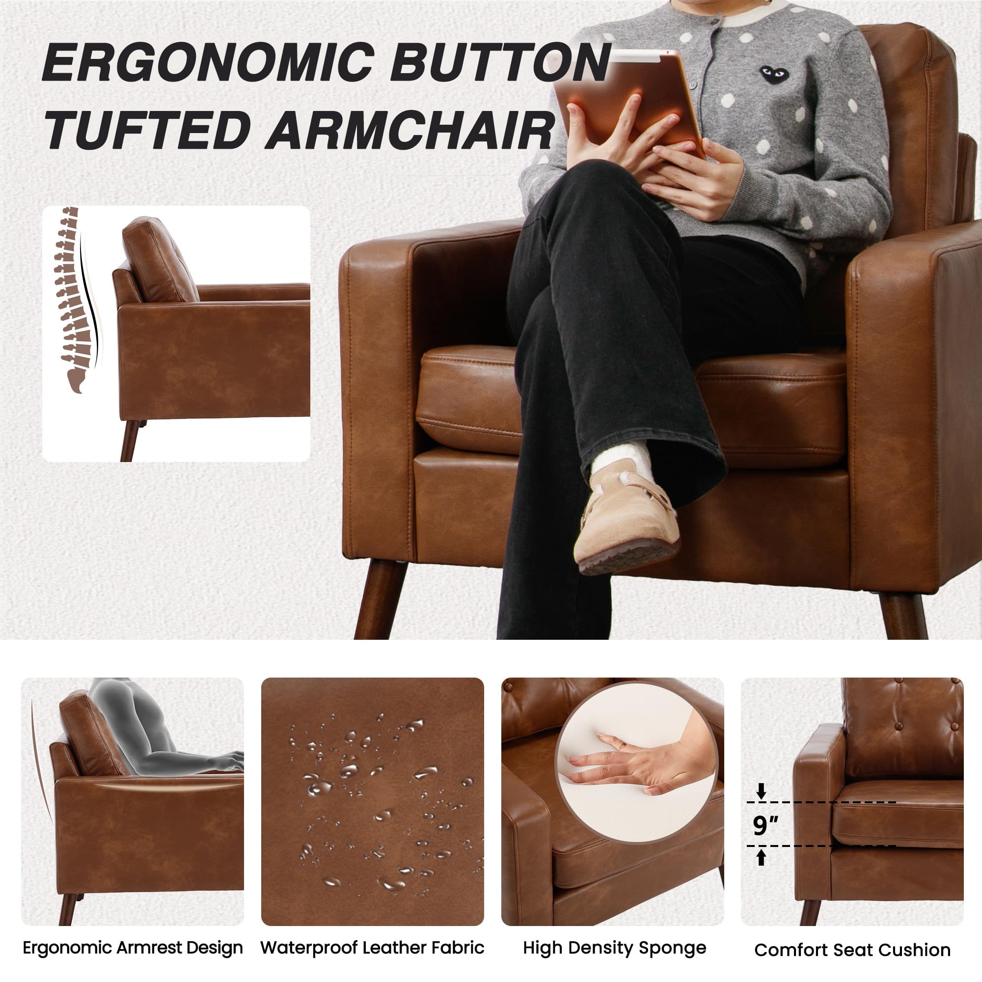 HNY Mid Century Modern Armchair, Button Tufted Faux Leather Accent Chair with Armrests, Upholstered Club Chair for Living Room, Bedroom & Office, Caramel Brown