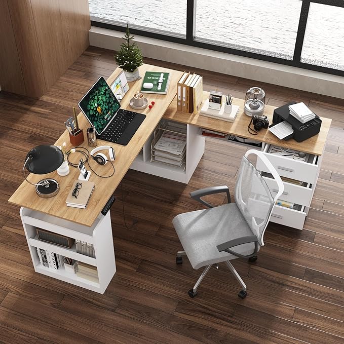 63-Inch L-Shaped Electric Standing Desk with Drawers and Shelves