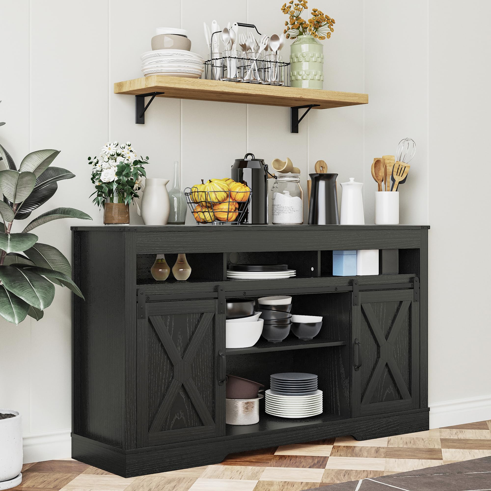 Farmhouse TV Stand with Sliding Barn Door for TVs up to 65 Inch