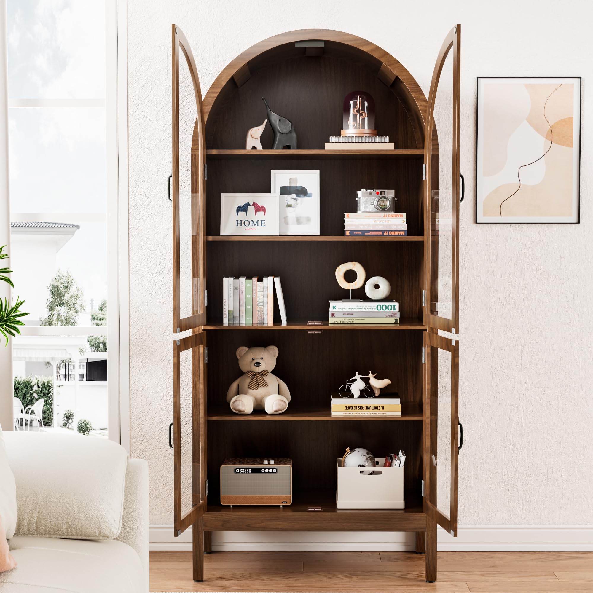 Arched Kitchen Pantry Cabinet with Glass Doors